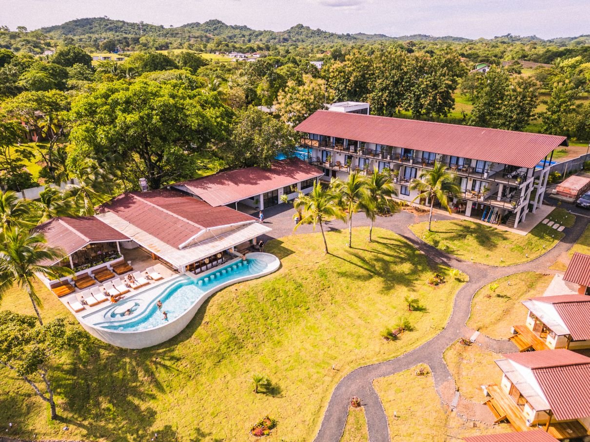 Aerial view of a hotel on the coast of Santa Catalina, Panama